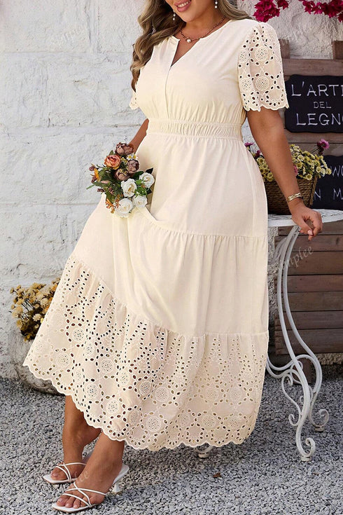 Lacy Embroidery Patchwork V Neck Short Sleeve Maxi Dress