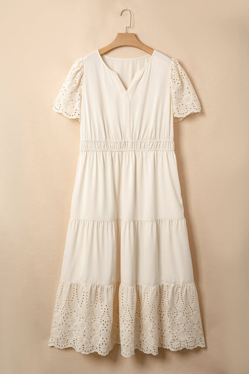 Lacy Embroidery Patchwork V Neck Short Sleeve Maxi Dress