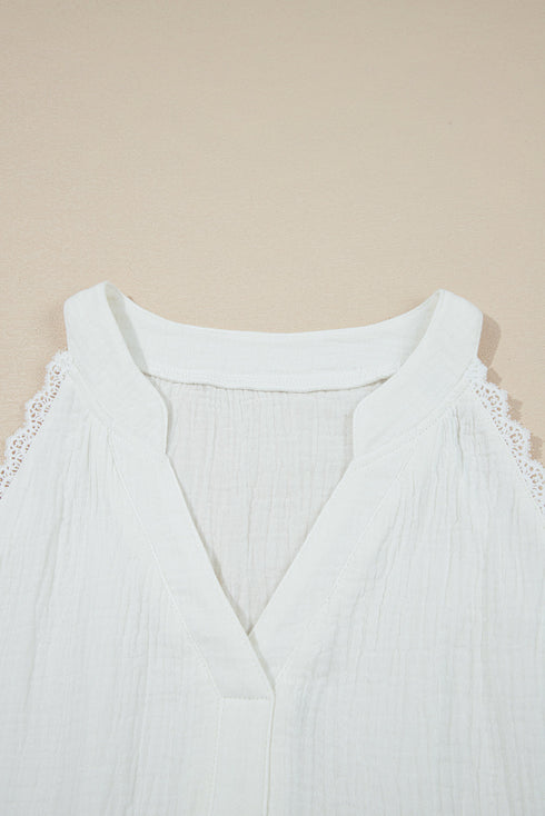 Lakeside Afternoon Lace Trim Split Neck Textured Tank Top