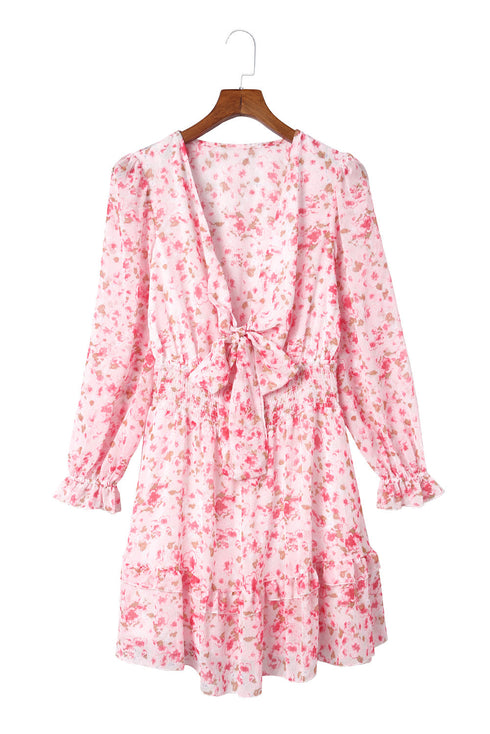 Lantern Sleeve Deep V Neck Knotted Tiered Mini Dress