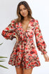 Lantern Sleeve Deep V Neck Knotted Tiered Mini Dress
