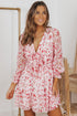 Lantern Sleeve Deep V Neck Knotted Tiered Mini Dress