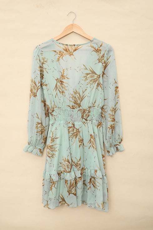 Lantern Sleeve Deep V Neck Knotted Tiered Mini Dress