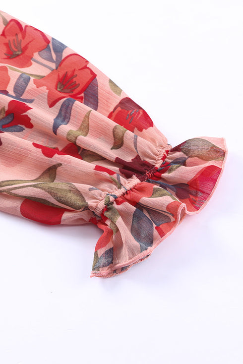 Lantern Sleeve Deep V Neck Knotted Tiered Mini Dress