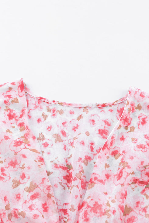 Lantern Sleeve Deep V Neck Knotted Tiered Mini Dress