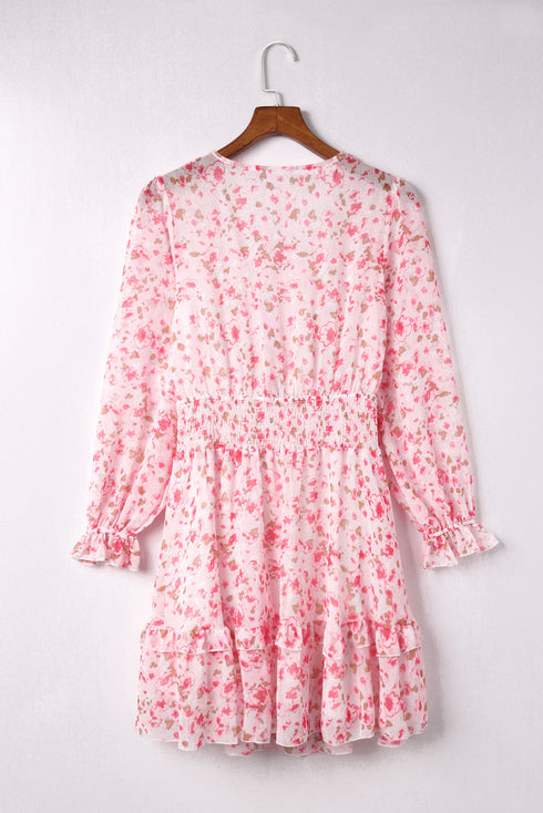 Lantern Sleeve Deep V Neck Knotted Tiered Mini Dress