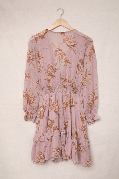 Lantern Sleeve Deep V Neck Knotted Tiered Mini Dress