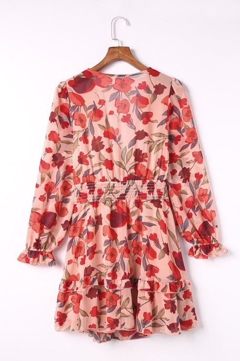 Lantern Sleeve Deep V Neck Knotted Tiered Mini Dress