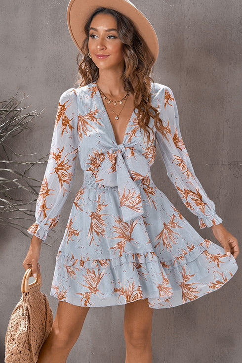 Lantern Sleeve Deep V Neck Knotted Tiered Mini Dress