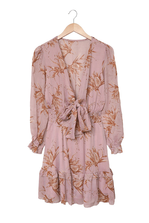 Lantern Sleeve Deep V Neck Knotted Tiered Mini Dress