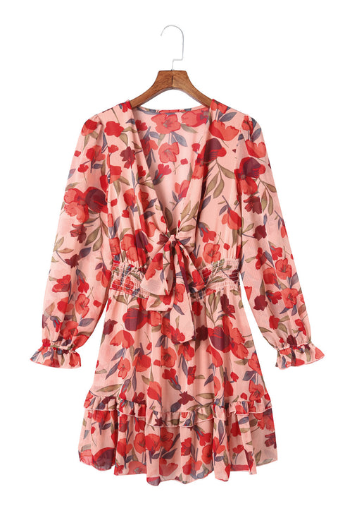 Lantern Sleeve Deep V Neck Knotted Tiered Mini Dress