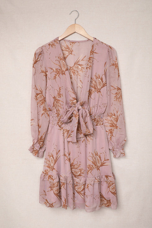 Lantern Sleeve Deep V Neck Knotted Tiered Mini Dress