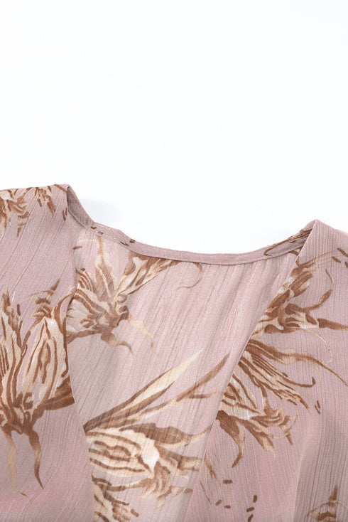 Lantern Sleeve Deep V Neck Knotted Tiered Mini Dress