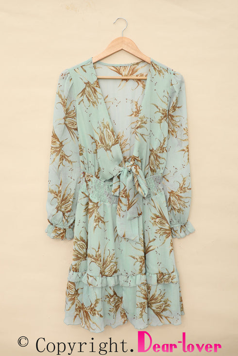 Lantern Sleeve Deep V Neck Knotted Tiered Mini Dress