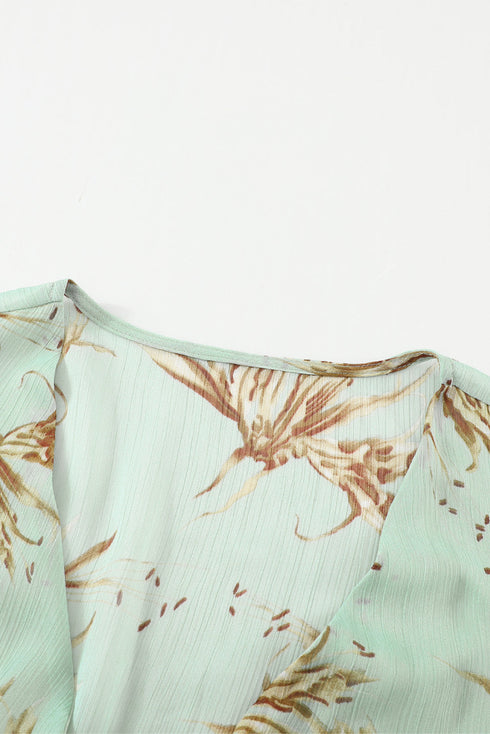 Lantern Sleeve Deep V Neck Knotted Tiered Mini Dress