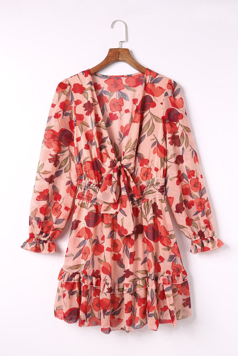 Lantern Sleeve Deep V Neck Knotted Tiered Mini Dress