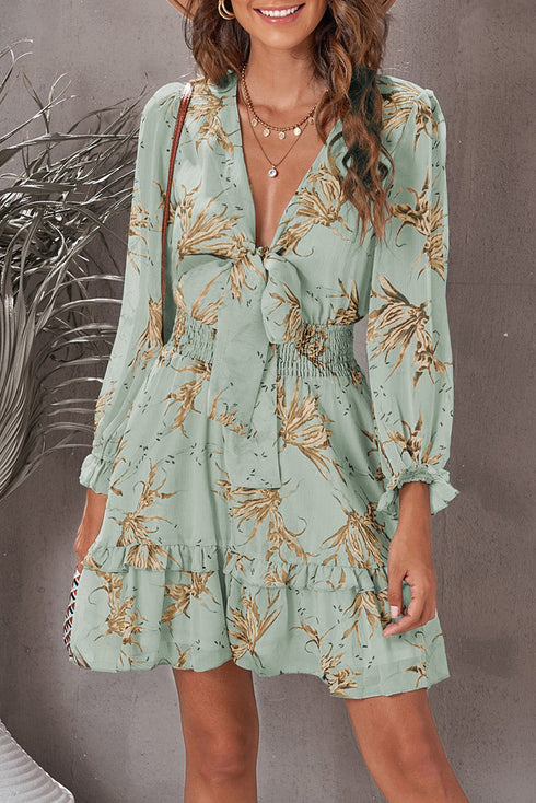 Lantern Sleeve Deep V Neck Knotted Tiered Mini Dress