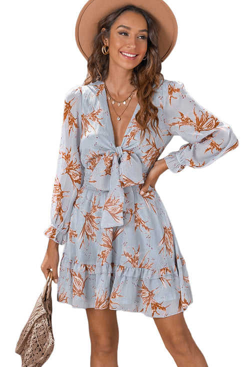 Lantern Sleeve Deep V Neck Knotted Tiered Mini Dress