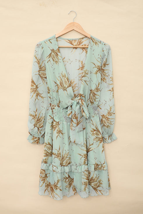 Lantern Sleeve Deep V Neck Knotted Tiered Mini Dress