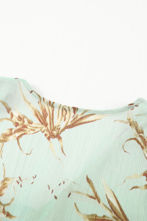 Lantern Sleeve Deep V Neck Knotted Tiered Mini Dress