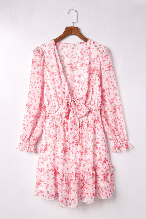 Lantern Sleeve Deep V Neck Knotted Tiered Mini Dress