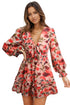 Lantern Sleeve Deep V Neck Knotted Tiered Mini Dress