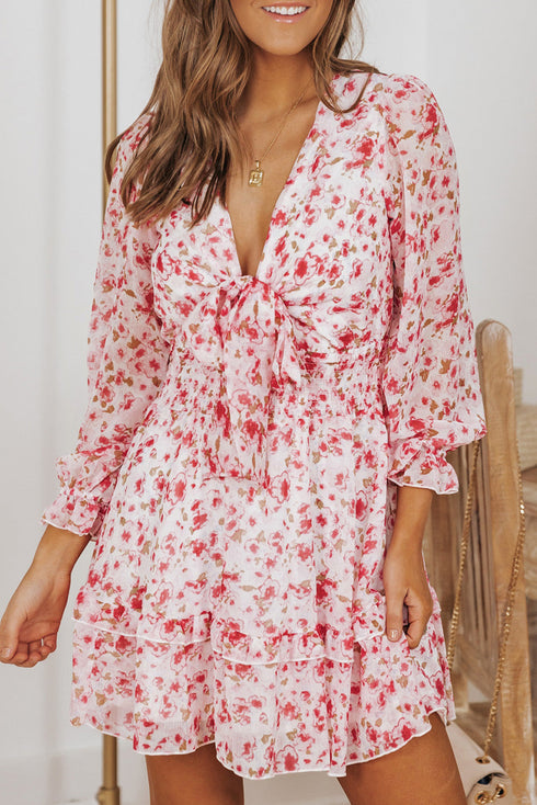 Lantern Sleeve Deep V Neck Knotted Tiered Mini Dress