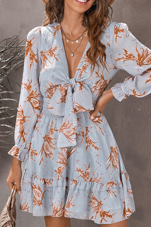 Lantern Sleeve Deep V Neck Knotted Tiered Mini Dress