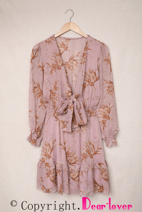 Lantern Sleeve Deep V Neck Knotted Tiered Mini Dress