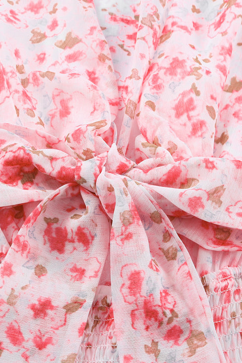 Lantern Sleeve Deep V Neck Knotted Tiered Mini Dress