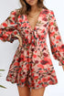 Lantern Sleeve Deep V Neck Knotted Tiered Mini Dress