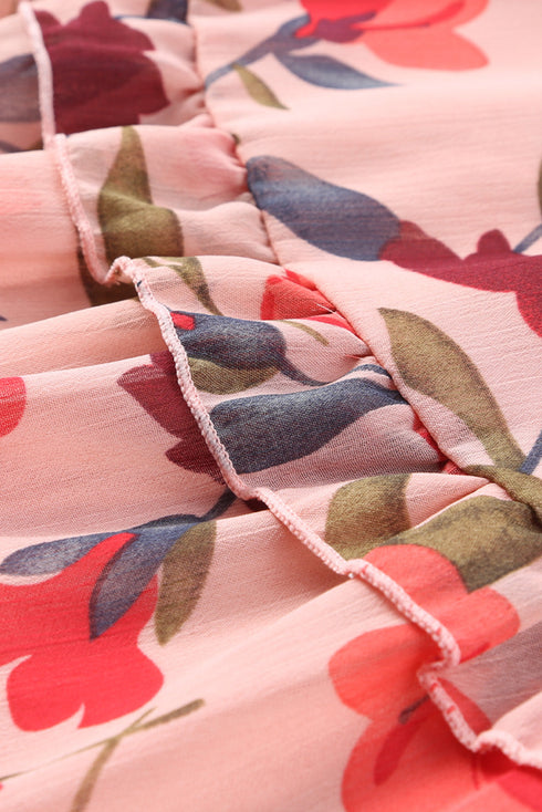 Lantern Sleeve Deep V Neck Knotted Tiered Mini Dress