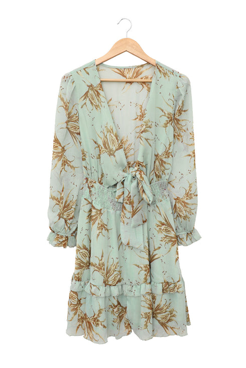 Lantern Sleeve Deep V Neck Knotted Tiered Mini Dress