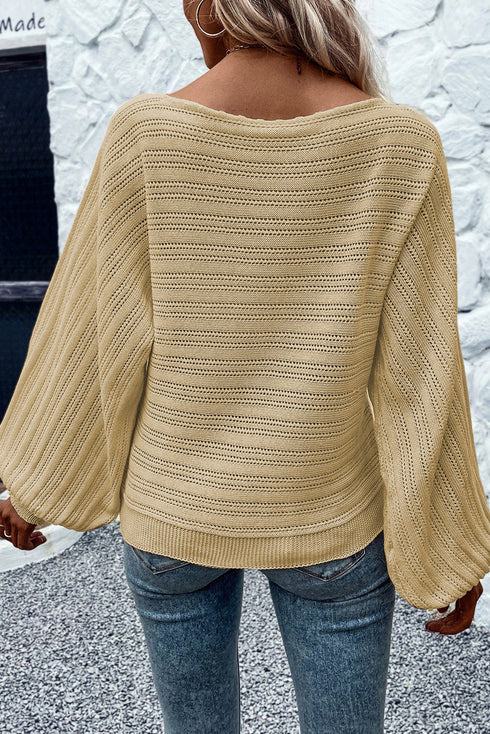 Lantern Sleeve Eyelets Textured Knit Sweater