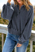Lantern Sleeve Snap Button Placket Washed Pullover Casual Round Neck Sweatshirt