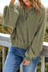 Lantern Sleeve Snap Button Placket Washed Pullover Casual Round Neck Sweatshirt