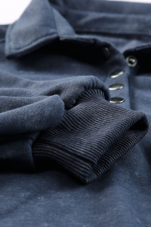 Lantern Sleeve Snap Button Placket Washed Pullover Casual Round Neck Sweatshirt