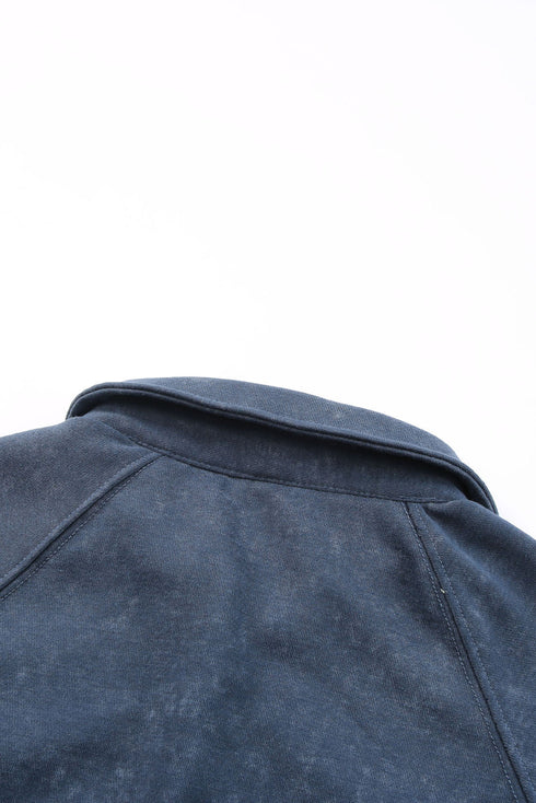 Lantern Sleeve Snap Button Placket Washed Pullover Casual Round Neck Sweatshirt