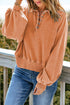 Lantern Sleeve Snap Button Placket Washed Pullover Casual Round Neck Sweatshirt