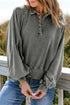 Lantern Sleeve Snap Button Placket Washed Pullover Casual Round Neck Sweatshirt