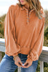 Lantern Sleeve Snap Button Placket Washed Pullover Casual Round Neck Sweatshirt