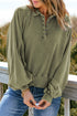 Lantern Sleeve Snap Button Placket Washed Pullover Casual Round Neck Sweatshirt