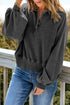 Lantern Sleeve Snap Button Placket Washed Pullover Casual Round Neck Sweatshirt