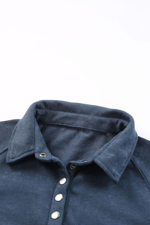 Lantern Sleeve Snap Button Placket Washed Pullover Casual Round Neck Sweatshirt