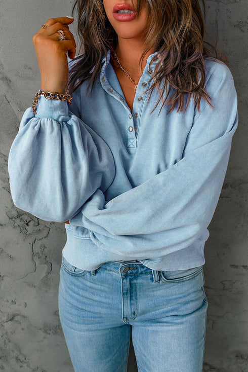 Lantern Sleeve Snap Button Placket Washed Pullover Casual Round Neck Sweatshirt