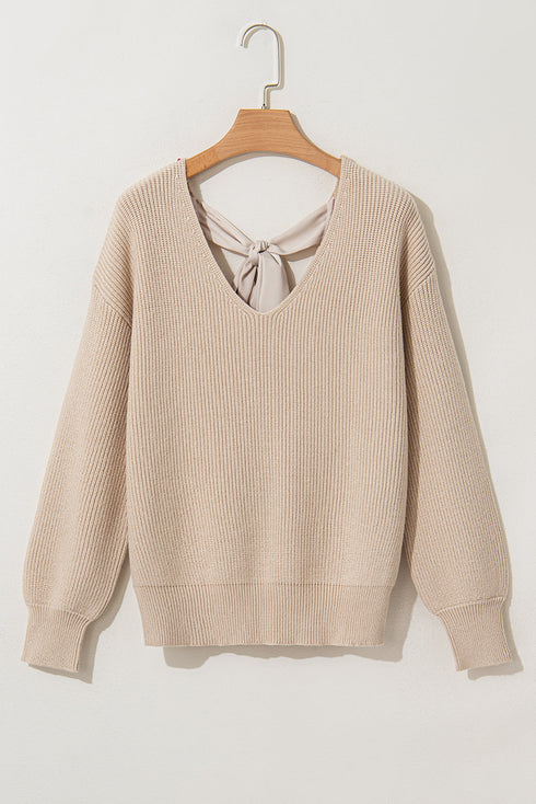 Lantern Sleeve V Neck Tie Back Cutout Sweater