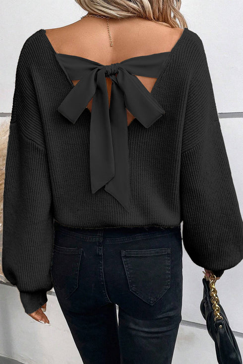 Lantern Sleeve V Neck Tie Back Cutout Sweater