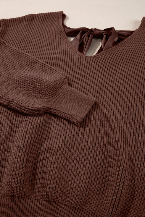 Lantern Sleeve V Neck Tie Back Cutout Sweater