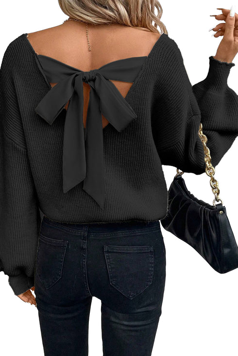Lantern Sleeve V Neck Tie Back Cutout Sweater