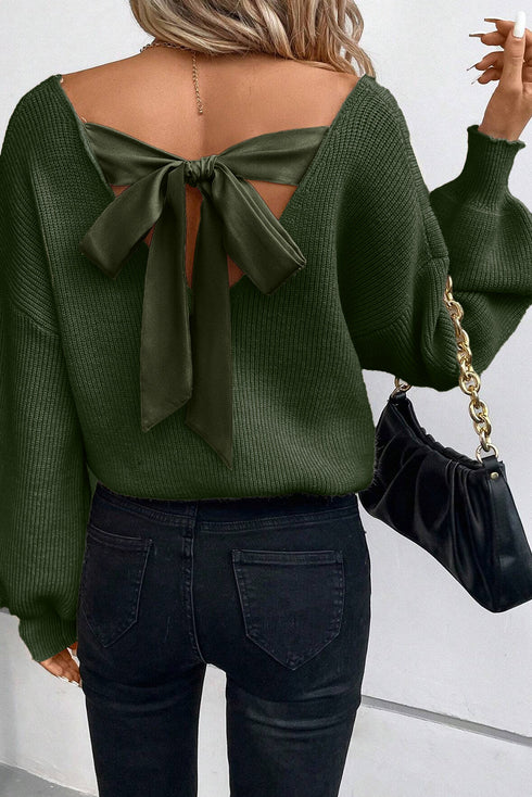 Lantern Sleeve V Neck Tie Back Cutout Sweater